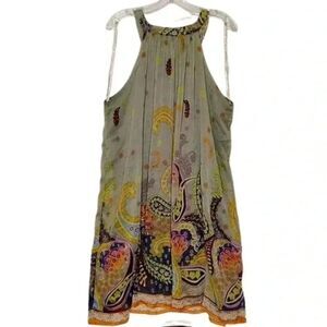 Anii By Natural Halter Chiffon Dress Womens XL Green Paisley Floral Beaded Boho